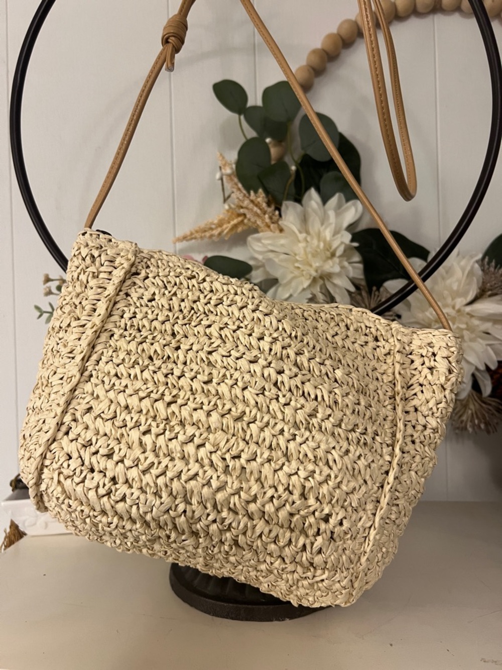 Universal Thread Cream Woven Shoulder Bag with Tan Strap